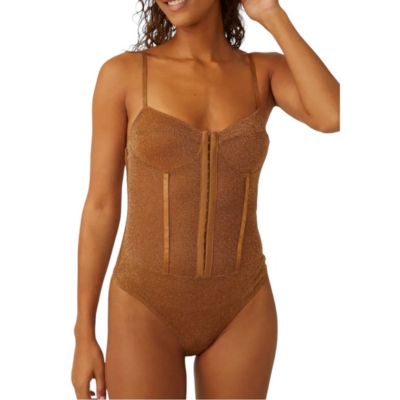 Free People Night Rhythm Corset Bodysuit Bronze Size Medium NWT - Picture 4 of 13